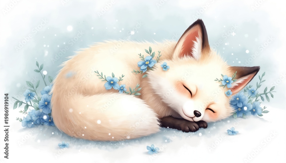 Fototapeta premium Cute fox slepic peacefully in soft snow amidst blue flowers. Kawaii art style, watercolor texture, gentle lighting create serene winter scene. Perfect for cozy themes and nature lovers.