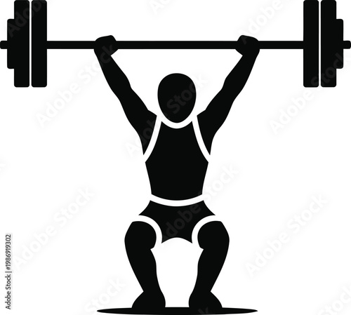Strong weightlifter athlete lifting heavy barbell overhead silhouette vector icon design