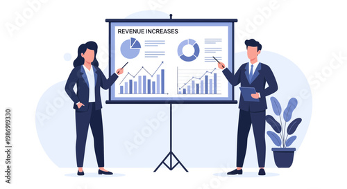 Business professionals presenting revenue increases with charts and graphs on a projection screen