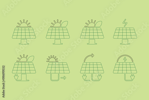 Line art illustration depicting various stages of solar panel installation and energy generation