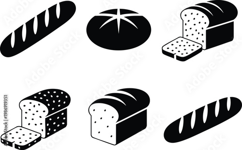 Assorted Bakery and Fresh Bread Vector Icon Set, Minimalist Black and White Bread Loaf and Baguette Graphics, Modern Artisanal Bakery Silhouette for Menu and Label Design, vector, illustration.