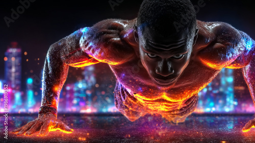 Muscular Athlete Doing Push Ups with Energy Glow in Night City