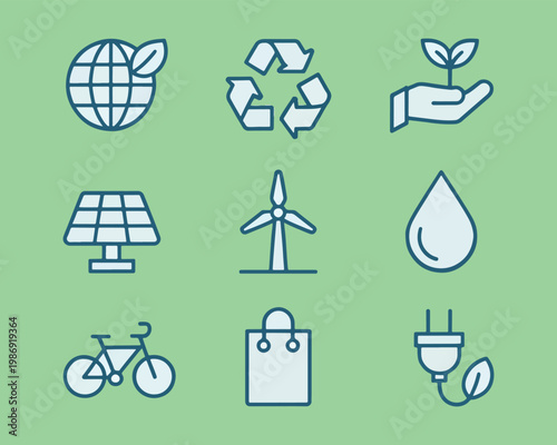 Environmental sustainability icons illustrate renewable energy recycling and eco friendly living concepts