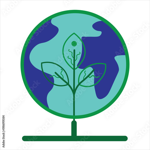 A vibrant green and blue circular emblem featuring a plant sprout and globe