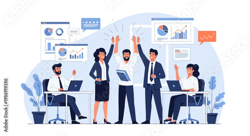 Business team celebrating success with arms raised in an office setting with charts and laptops