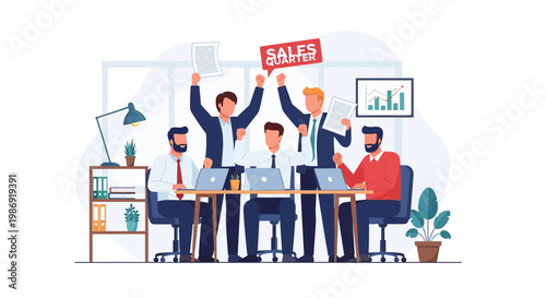 Business team celebrating successful sales quarter with excitement in modern office setting