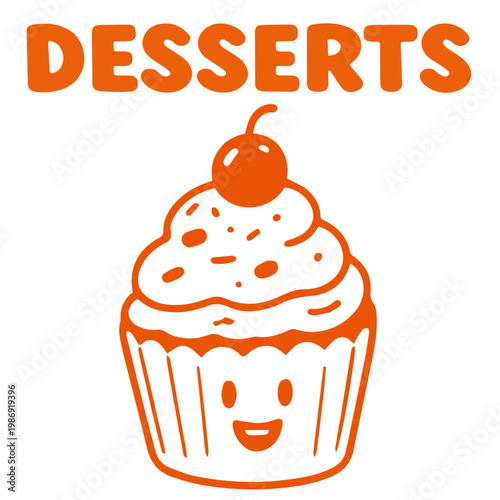 Desserts cupcake doodle illustration with cream frosting cherry topping sweet bakery
