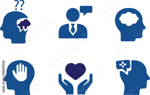 Illustrative icons representing mental health concepts like stress support and emotional wellbeing