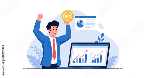 Excited businessman celebrating financial success with rising charts and 10 percent coin