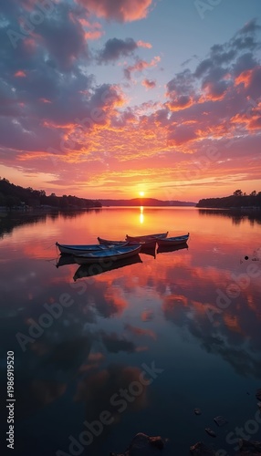 Boats float on calm river water with bright orange and pink sunset sky reflected. Peaceful twilight scene with distant trees along shore. Serene nature landscape.