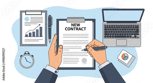 Hands Signing New Contract on Clipboard with Laptop and Charts