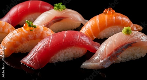 Assortment of sushi nigiri with fresh fish toppings and rice on black background.