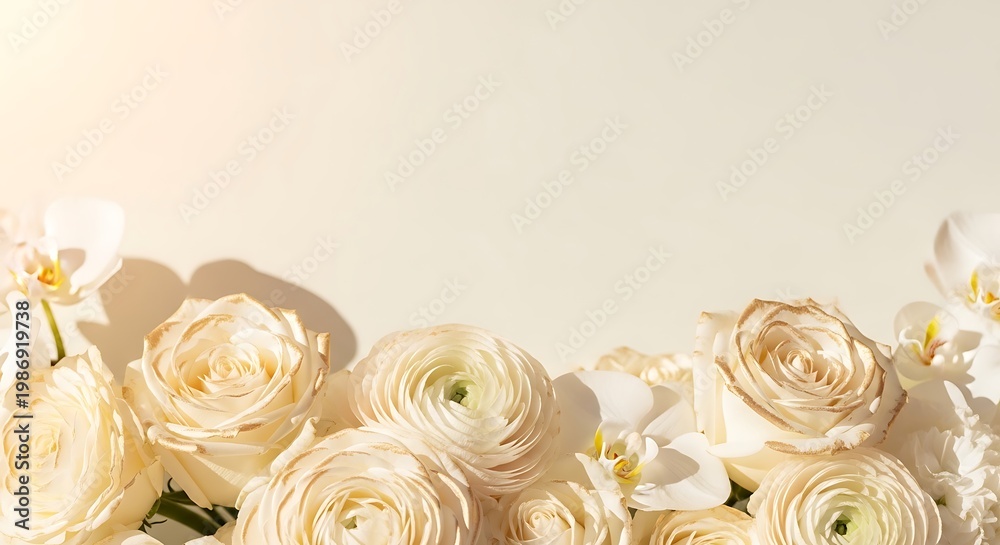 Naklejka premium Soft pastel cream ranunculus and white orchids arranged in a delicate floral border with gentle sunlight and shadows on a light background