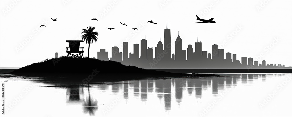 Naklejka premium Black silhouette of Los Angeles cityscape featuring skyscrapers, palm tree, lifeguard tower and flying birds above calm water reflection. Airplane flies in distant sky.