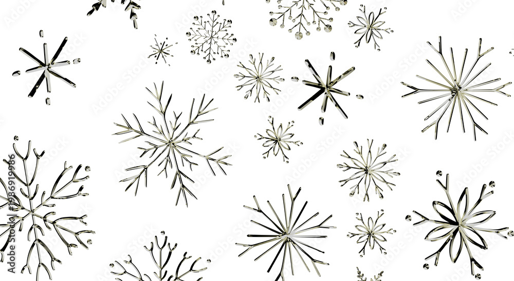 Obraz premium Abstract and festive image of scattered silver snowflakes on a pure white backdrop, perfe