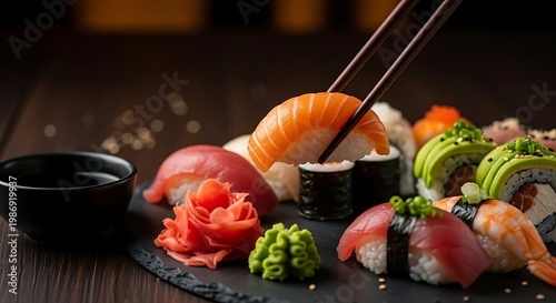 Fresh salmon sushi nigiri and rolls with ginger and wasabi on slate board.