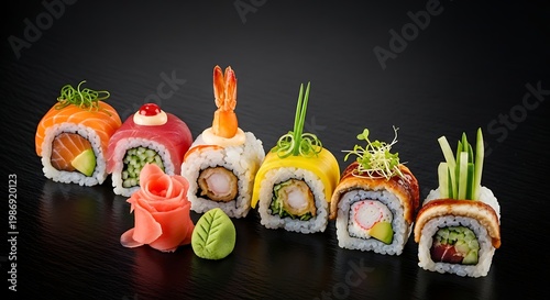 Gourmet sushi rolls with colorful toppings presented on black slate background.