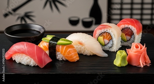 Japanese sushi platter with tuna salmon avocado and nigiri.
