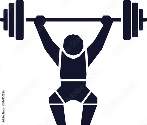 Strong weightlifter athlete lifting heavy barbell overhead silhouette vector icon design
