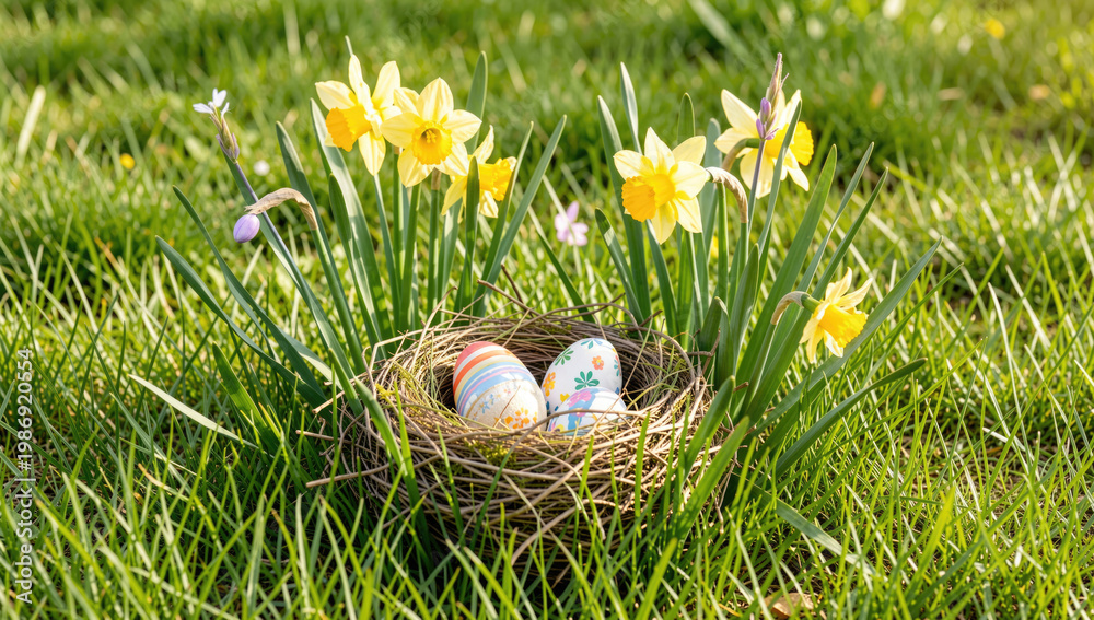 Fototapeta premium A colorful Easter egg nest sitting on a vibrant green field, perfect for spring or holiday-themed designs
