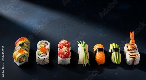 Minimalist sushi assortment lined up on dark blue surface with dramatic light.