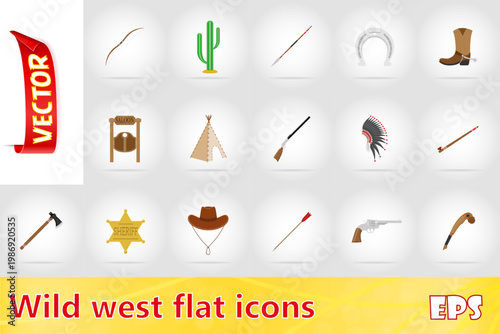 wild west flat set icons vector illustration