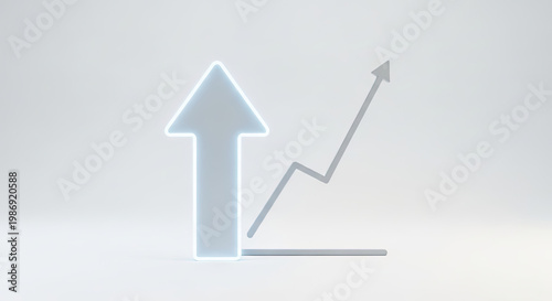 Upward trending arrow with neon light effect and graph showing increase standing on a white surface against a bright white studio background