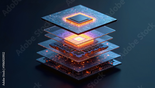 Layered microchip processor circuit board components glow with internal light. Futuristic tech schematic visualizes data processing architecture and intricate electronic hardware design.