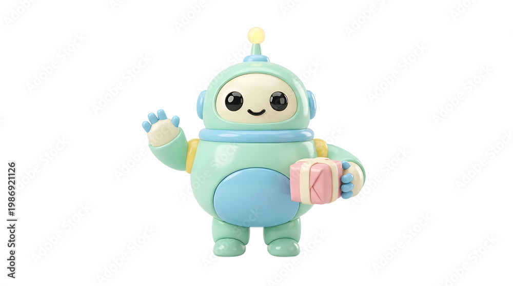 Obraz premium Friendly robot character holding gift isolated on transparent background