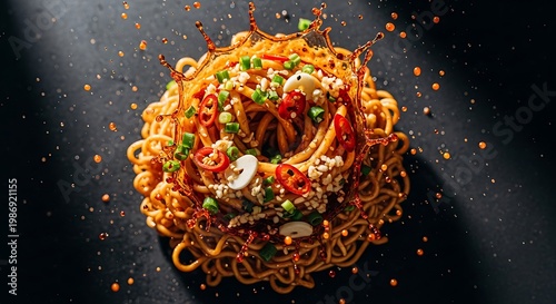 Spicy noodles with chili garlic and green onions in splash.