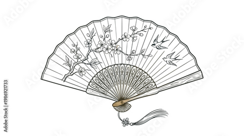 Elegant Black And White Fan Decorated With Cherry Blossoms