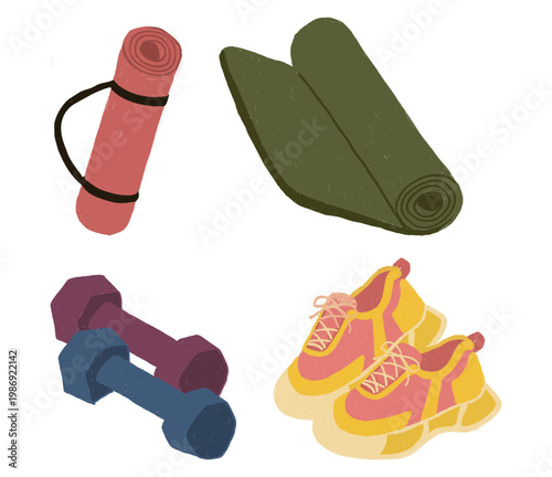 Hand-drawn fitness and gym equipment set with yoga mats, dumbbells, and sneakers. Workout vector illustration clip art.