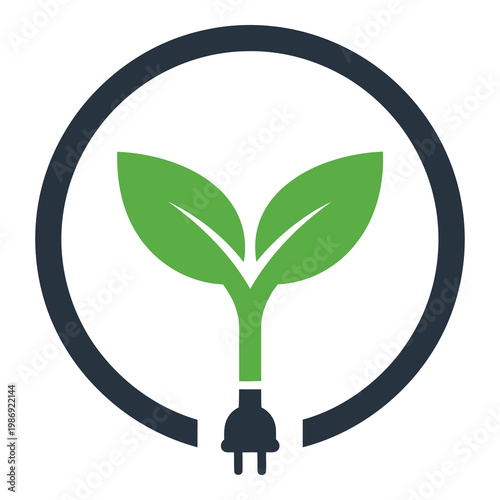 Green plant sprout growing out of electric plug in circle icon