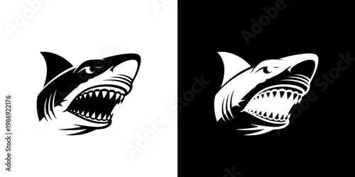 Shark Head Logo Design with Aggressive Open Mouth in Black and White Vector