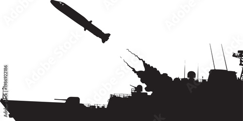 Military ship, warship silhouette, missile launch, naval vessel, combat boat