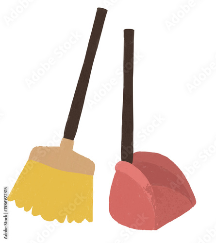 Hand-drawn broom and dustpan set. Housework and cleaning supplies vector illustration clip art.