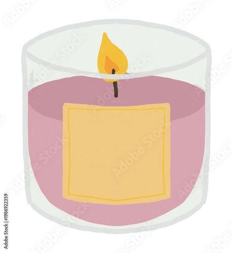 Hand-drawn cozy lit aromatherapy candle in a glass jar. Home decor vector illustration clip art.