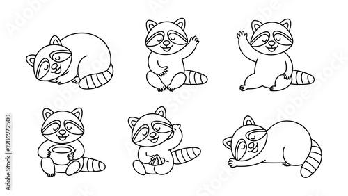 Cute Raccoon Daily Life Line Art Set Sleeping, Sitting, Waving and Relaxing Moments