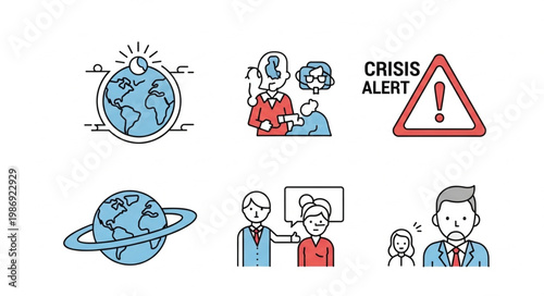 Illustrations Depicting Global Crisis, Mental Health Support, and Crisis Alert.