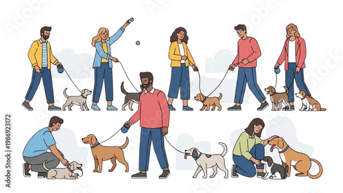 People walking and playing with dogs in a vector 2D CAD illustration outdoors