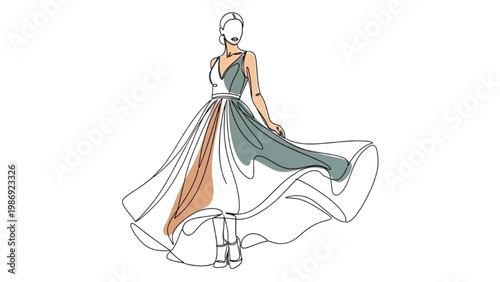 Vector 2D CAD illustration of woman wearing elegant dress in fashion design