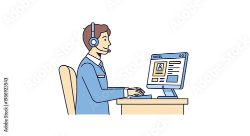 Hotel Receptionist Working at Computer with Headset