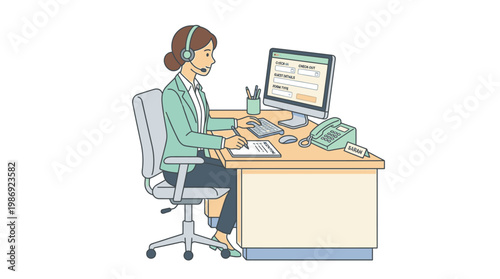 Hotel Receptionist Using Headset and Computer at Desk Illustration