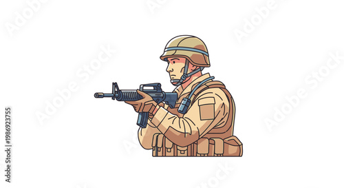 Soldier Aiming Assault Rifle in Desert Uniform Illustration
