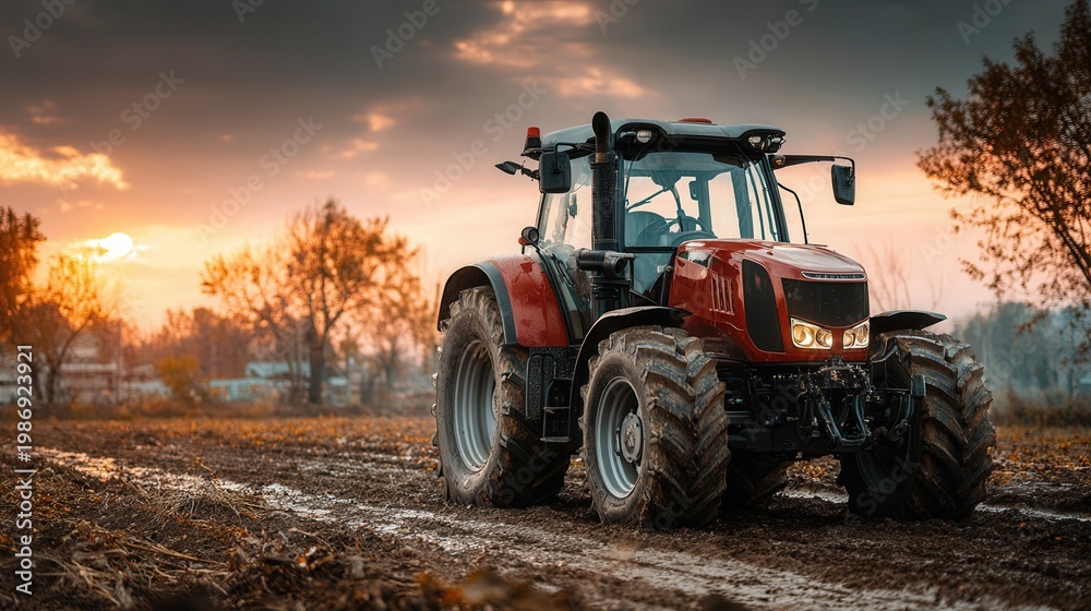 Fototapeta premium farm scene with a modern red tractor on prepared soil ready for crops under a sunny blue sky, clean and productive agricultural landscape 