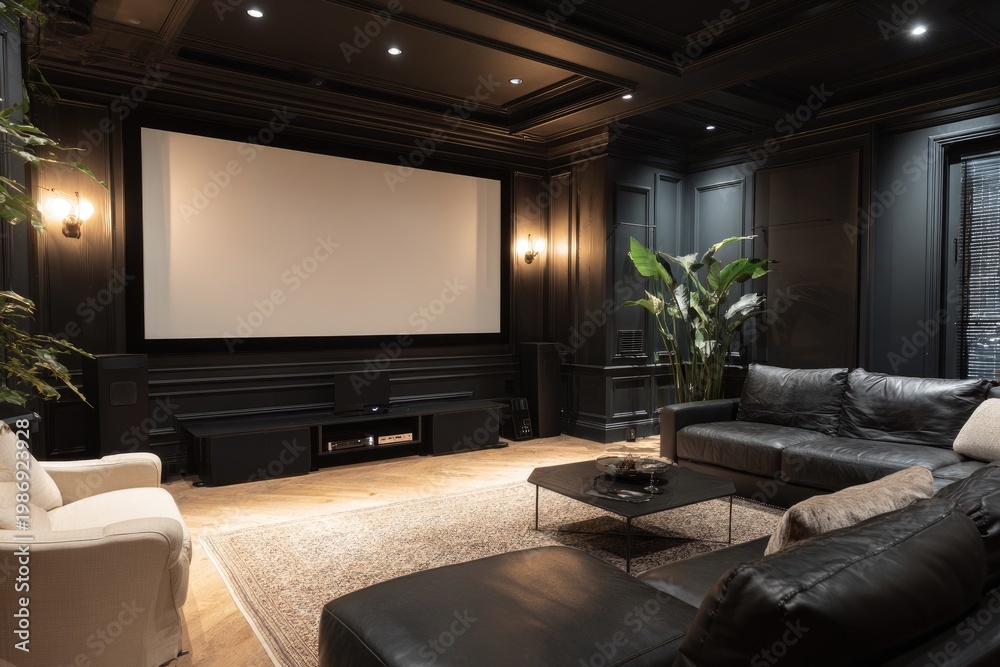 Fototapeta premium A luxurious home theater presents a large screen, dark wood paneling, comfortable leather seating, and decorative plants