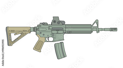 AR-15 Assault Rifle Illustration with Optic and Detached Magazine