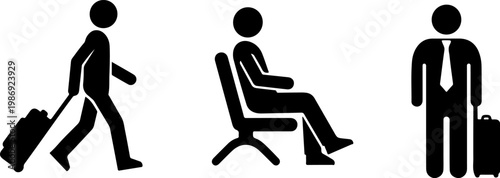 Business travelers with luggage icons, walking, sitting, standing vector illustration