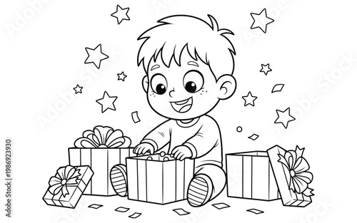A Boy Unwrapping A Gift With Presents Around Him