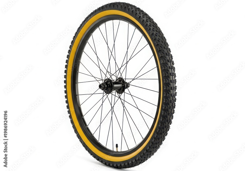 Naklejka premium Mountain bike wheel with yellow and black tire on white background